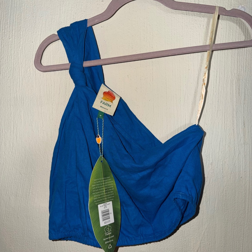 Farm Rio Blue Knot Crop Top One Shoulder Linen Blend NWT Size M - Picture 4 of 4